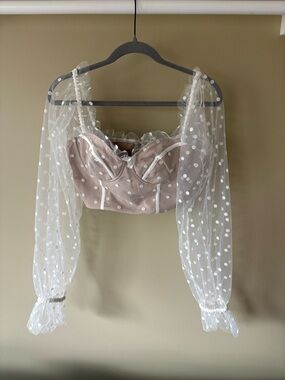 Sheer Polka Dot Puff-Sleeve Crop Top